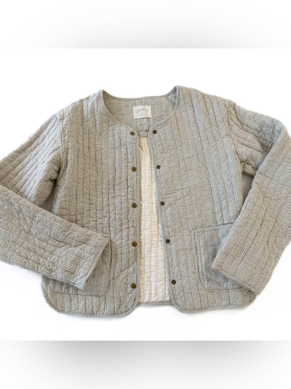 Pehr Jacket Womens Medium Large Organic Indian Cotton Gray Striped Chore
